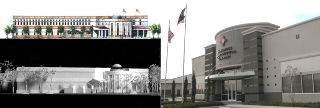 Modern civic building with architectural drawings collage